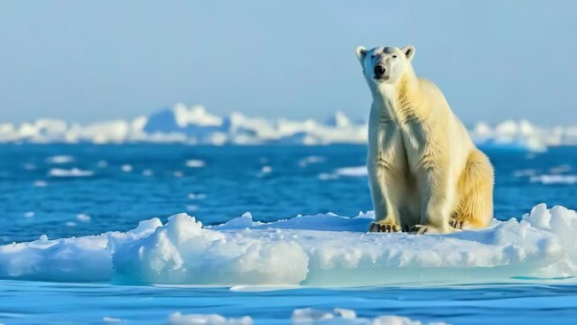 Solitary polar bear on a melting ice floe, symbolizing the stark reality of climate change and its impact on Arctic wildlife
