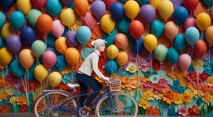  person riding a bicycle with a bunch of balloons - obrazy, fototapety, plakaty