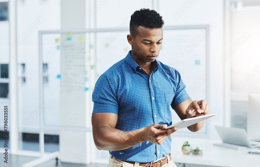 Poster tablet, online and business black man in office for research project, website review and internet. c