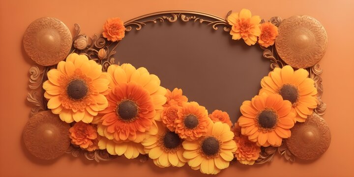 Orange sunflowers on orange background with copy space, 3d render