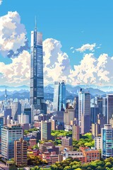 A digital painting of a cityscape with a tall skyscraper in the center.