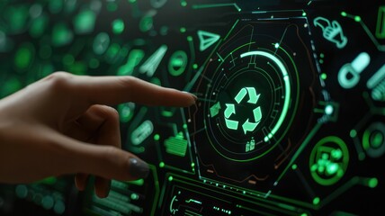 One female finger touching a green glowing recycling icon on a wide tech screen created with Generative AI