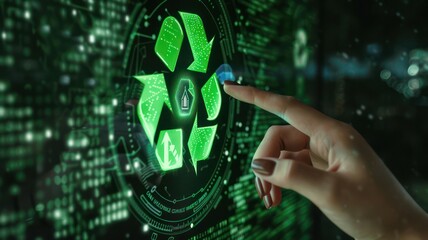 One female finger touching a green glowing recycling icon on a wide tech screen created with Generative AI - obrazy, fototapety, plakaty