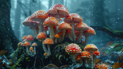 Surreal Mushroom Medley - Decaying Organic Matter in Eclectic Composition - obrazy, fototapety, plakaty