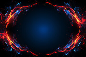 Abstract blue and red fire flames frame on black background. Template or banner, creative design with copyspace