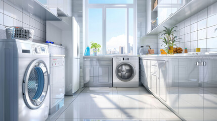 Sunny laundry room with a view of the city skyline