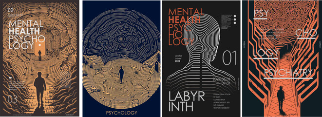Psychology, psychiatry and mental health. Vector philosophic line illustration of man, searching for the meaning of life, labyrinth, fingerprint and life path for poster, magazine cover and background - obrazy, fototapety, plakaty