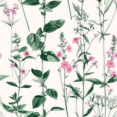 An elegant botanical sketch featuring a variety of wildflowers and greenery with delicate pink blooms and detailed leaves on a white background.
