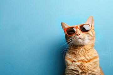 Stylish cat with sunglasses against blue background. Perfect for pet lovers and summer promotions
