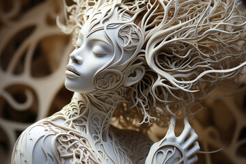 Ethereal profile of a sculpted character with intricate patterns