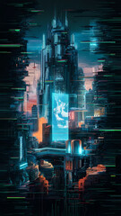 digital mosaic using pixel art techniques, incorporating glitch effects for a cyberpunk vibe