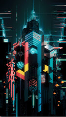 digital mosaic using pixel art techniques, incorporating glitch effects for a cyberpunk vibe.