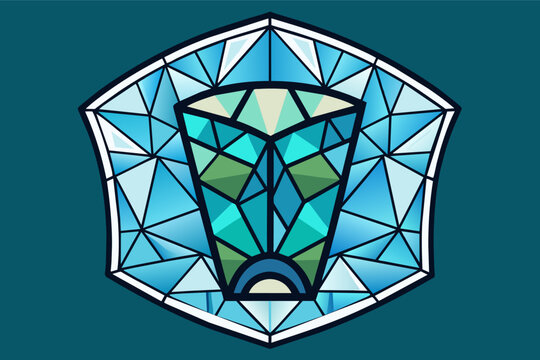 A stylized illustration of a turquoise and blue gemstone in the shape of a hexagon with geometric lines and facets on a dark teal background.