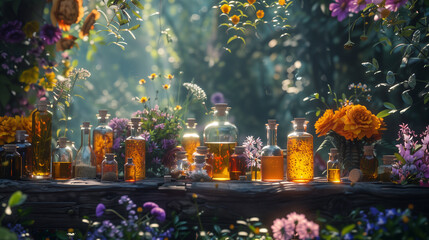 Obraz na płótnie Canvas Whimsical Fairy Tale Inspired Botanical Display of Medicinal Potions and Powders in Enchanted Forest Setting