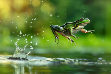 Frog Leaping Across Pond A frog leaping across the surface of a tranquil pond its powerful hind legs propelling it through the water with agility and grace epitomizing the natural athleticism 