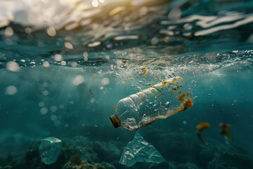 Plastic packaging abandoned in the sea, illustrating ocean pollution.


