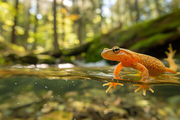 Newt Swimming in Clear Stream A newt swimming gracefully in the clear waters of a mountain stream its sleek body and webbed feet propelling