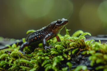 Salamander Emerging from Mossy Log A salamander emerging from the damp recesses of a mossy log its moist skin and slender body blending seamlessly into its woodland habitat as