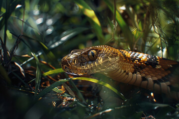 Slithering Snake in Forest Undergrowth A slithering snake navigating through the dense undergrowth of a forest floor its scales glistening in the dappled sunlight as it moves with stealth and agility 