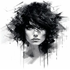 Monochrome Woman Face Portrait. Graphic Female Face Illustration. Beauty and Elegant Young Lady Avatar Character.. 