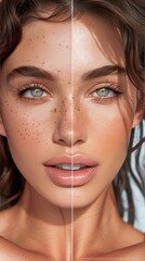 Two fine lines divide the facial halves, improving the split age portrait with aging senescent cells and a face lift that reduces age halves.