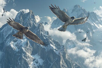Agile Falcons Hunting in Mountainous Terrain Agile falcons soaring above rugged mountain peaks their keen eyes scanning the terrain below for prey