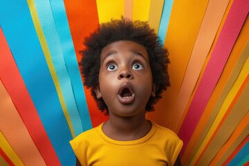 Amazed young black child with wide eyes standing in front of vibrant vertical stripes, radiating a sense of wonder and astonishment