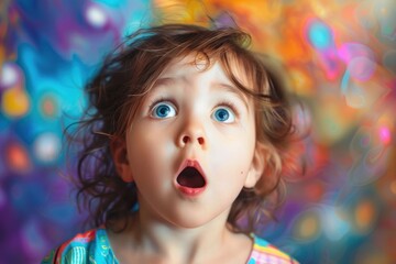 Astonished young child with wide eyes and an open mouth, displaying wonder and amazement against a vibrant, colorful backdrop that enhances the captured emotion