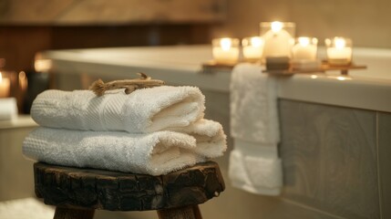 Soft plush towels are stacked neatly on a nearby stool ready to embrace you as you emerge from the candlelit bath and wrap yourself in warmth. 2d flat cartoon.