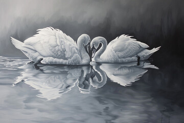 Graceful Swans on Reflective Lake Graceful swans gliding serenely across a tranquil lake their elegant forms mirrored in the still waters as they move with effortless beauty and grace.