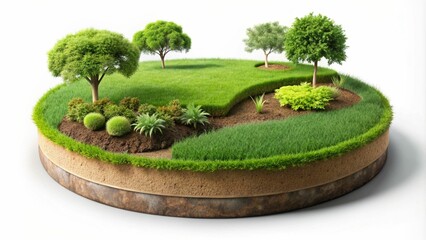 grass green circle land ground floor garden or garden earth soil land layer and green grass floor circle section land isolated on white background. 3d illustration render