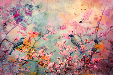 Melodic Songbirds in Blossoming Orchard Melodic songbirds perched among blossoming trees in a springtime orchard their sweet serenades filling the air