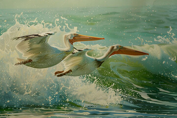 Serene Pelicans Fishing in Coastal Waters Serene pelicans gracefully gliding above coastal waters their sharp eyes scanning the surface for fish as they prepare to plunge into the ocean 