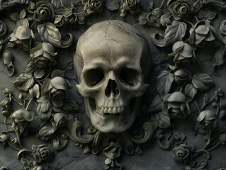 An possibly ancient stone skull sculpture with crossed bones, a common symbol of death found in art and architecture
