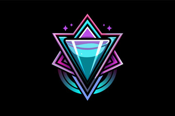 A neon-colored geometric logo featuring a central triangle filled with a gradient from light blue to dark blue logo