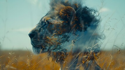 the symbiotic relationship between the lion and its kingdom as captured in double exposure...