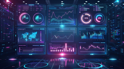 Futuristic dashboard of business analytics tools, system work with data, analytical processing, intellectual analysis of financial statistics, vector illustration - obrazy, fototapety, plakaty