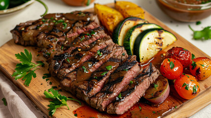 Grilled Steak A succulent grilled steak cooked to perfection, with charred grill marks and juicy pink center, served with roasted vegetables and a drizzle of savory steak sauce for a hearty