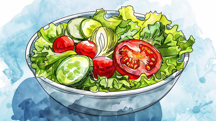 Fresh Salad A colorful salad bowl filled with crisp lettuce, ripe tomatoes, crunchy cucumbers, and other fresh vegetables, drizzled with tangy 