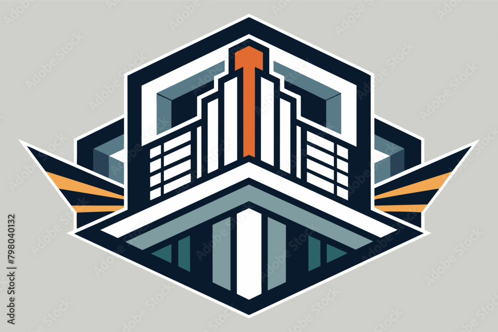 Poster a symmetrical geometric logo featuring an abstract representation of a city skyline with tall buildi