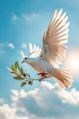 White Dove or pigeon of peace with olive branch in beak, on blue sky with clouds background. Symbol of hope and harmony, denouncing war. Concept of conveying messages for peace and unity. 
