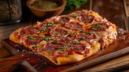 Pepperoni Pizza A freshly baked pepperoni pizza with bubbling cheese and savory tomato sauce, sprinkled with aromatic herbs and served on a rustic wooden board, perfect for sharing with friends.