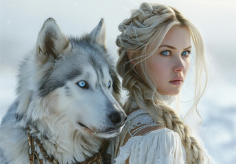 Nordic Blonde Hair Blue Eyes, Winter, Snow, North Pole, Beautiful Woman, Husky Dog