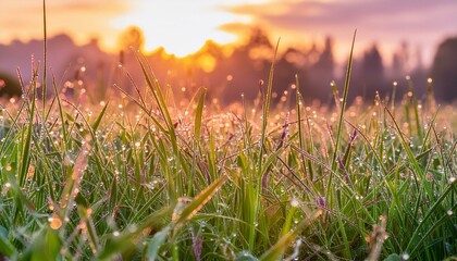 A vibrant meadow at sunrise, with dewdrops glistening on the grass