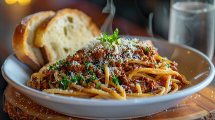Spaghetti Bolognese A steaming plate of al dente spaghetti topped with rich, meaty Bolognese sauce and grated Parmesan cheese, served with garlic bread for a classic Italian comfort dish.