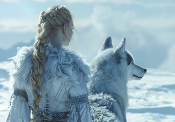 Nordic Blonde Hair Blue Eyes, Winter, Snow, North Pole, Beautiful Woman, Husky Dog