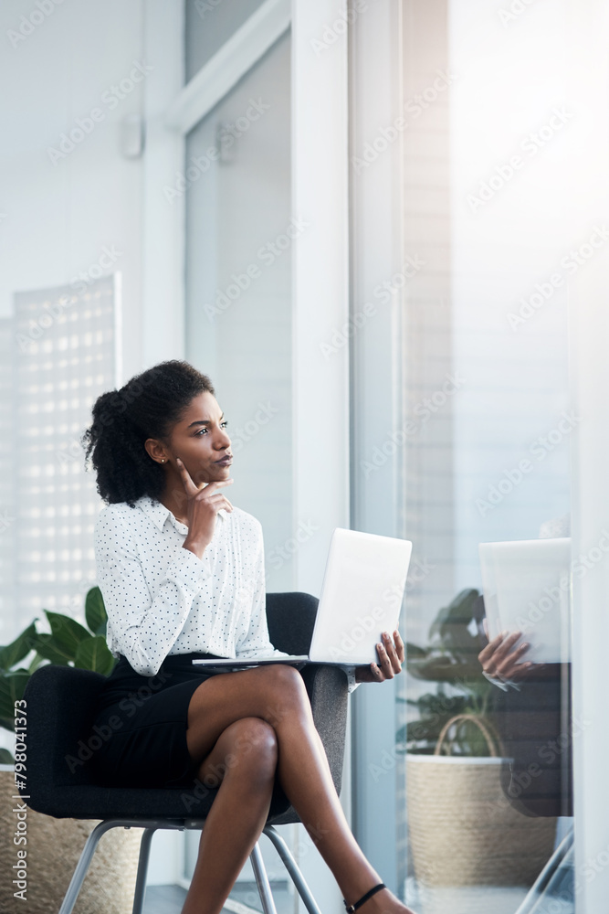 Aufkleber Business woman, office and laptop planning with view at window with thinking and public relations. Worker, tech and idea at company for digital project with computer and online with mockup space