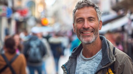 Fototapeta premium Smiling middle-aged man in casual attire with people crowd on background early morning