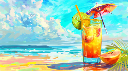 Tropical Cocktail A refreshing tropical cocktail served in a chilled glass, garnished with slices of fresh fruit and a colorful umbrella, perfect for sipping on a sunny beach day.
