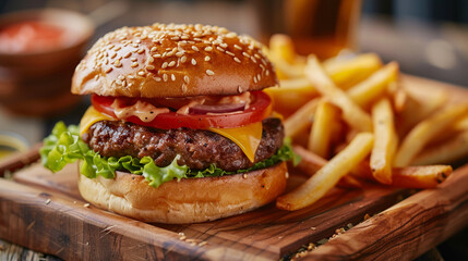 Hamburger and Fries A juicy hamburger topped with cheese, lettuce, and tomato, served with a side of crispy golden fries on a wooden tray, ready to be enjoyed for a satisfying meal.